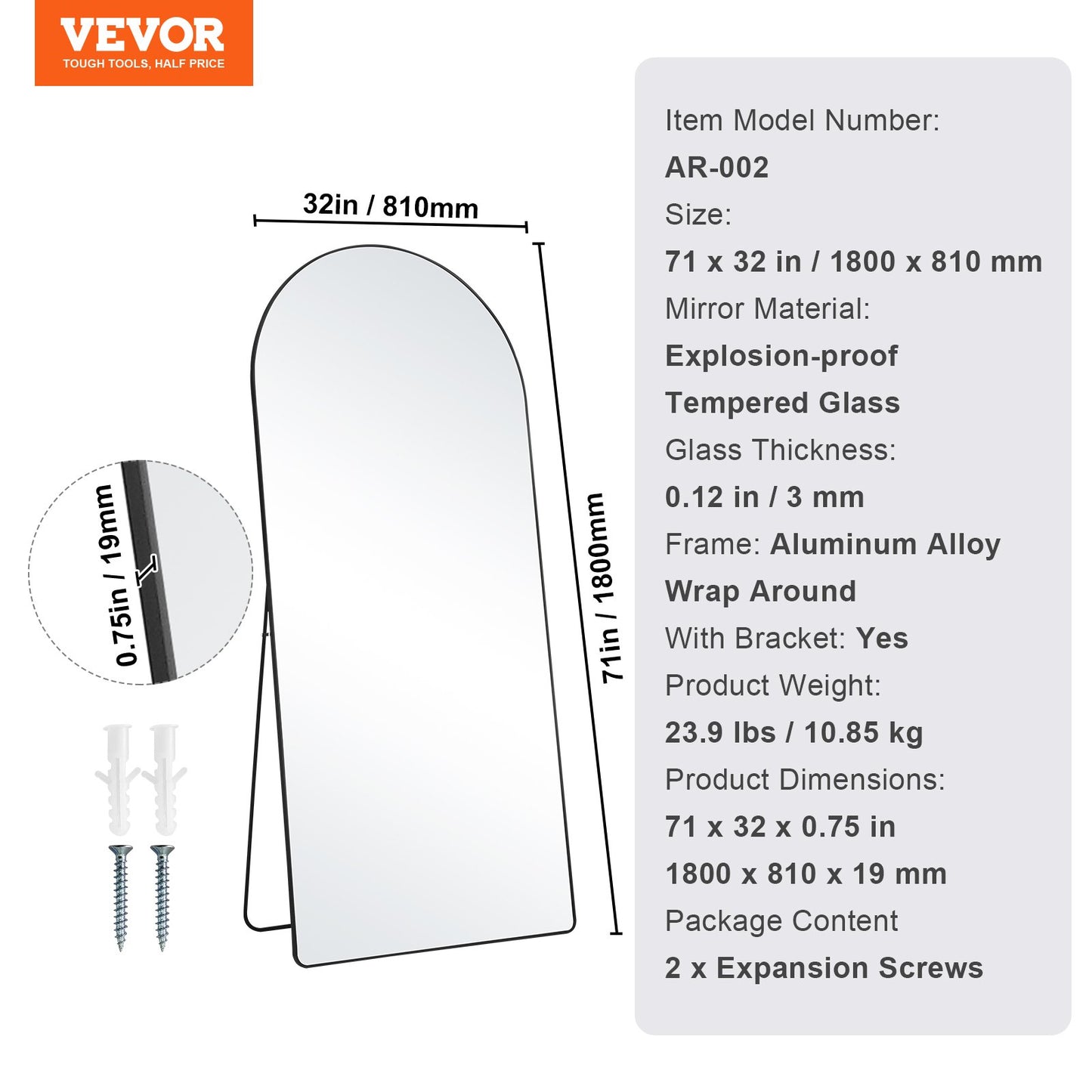 Välvd hellängdsspegel 71'' x 32'' helkroppsspegel stående hängande