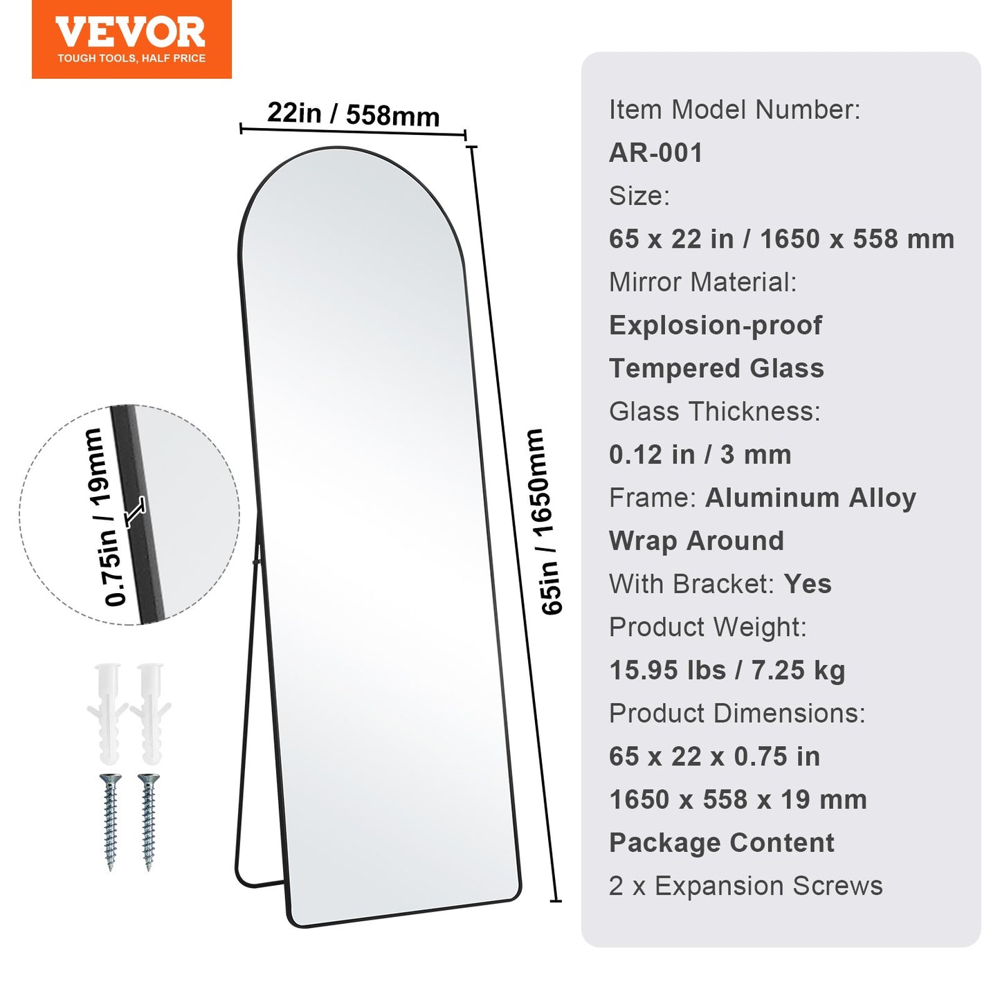 Gewölbter Ganzkörperspiegel 65'' x 22'' Ganzkörperspiegel stehend hängend