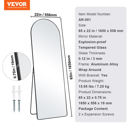Gewölbter Ganzkörperspiegel 65'' x 22'' Ganzkörperspiegel stehend hängend