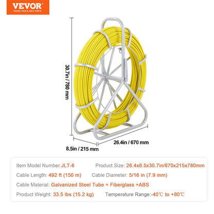 Einziehband aus Fiberglas, 150 m, 5/16 Zoll, Duct Rodder Einziehband-Drahtzieher, Kabelstange mit Rollenständer aus Stahl, 3 Ziehköpfe, Angelwerkzeug für Wände und elektrische Leitungen, nicht leitend