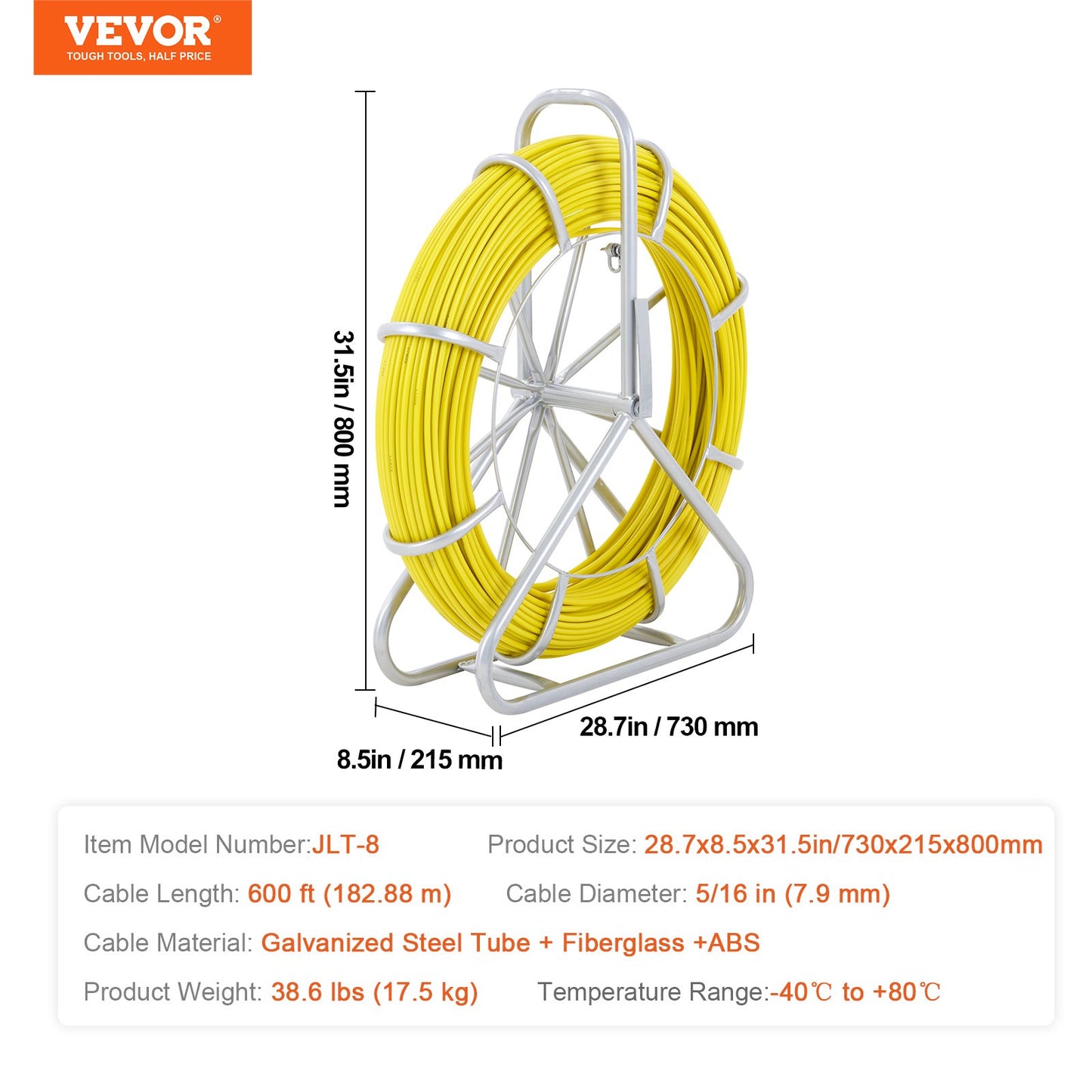 Fish Tape Glasfiber, 600 ft, 5/16 tum, Duct Rodder Fishtape tråddragare, kabelspö med stålrullstativ, 3 draghuvuden, fiskeverktyg för väggar och elektriska ledningar, icke-ledande
