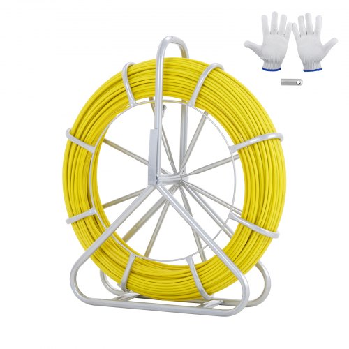 Fish Tape Fiberglass, 656 ft, 1/4 inch, Duct Rodder Fishtape Wire Puller, Cable Running Rod with Steel Reel Stand, 3 Pulling Heads, Fishing Tools for Walls and Electrical Conduit, Non-Conductive