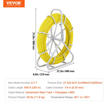 Fish Tape Glasfiber, 656 ft, 1/4 tum, Duct Rodder Fishtape Trådavdragare, Kabelspö med stålrullstativ, 3 draghuvuden, Fiskeverktyg för väggar och elektriska ledningar, Icke-ledande