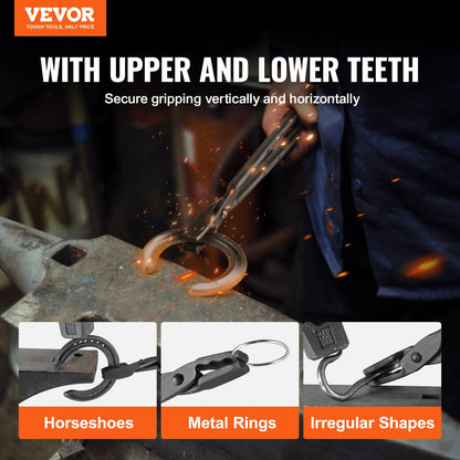 Blacksmith Tongs, 18” Wolf Jaw Tongs, Carbon Steel Forging Tongs with A3 Steel Rivets, for Horseshoes, Curved Shapes, Block Forging, for Beginners and Experienced Blacksmiths and Bladesmiths