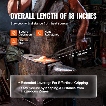 Blacksmith Tongs, 18” Wolf Jaw Tongs, Carbon Steel Forging Tongs with A3 Steel Rivets, for Horseshoes, Curved Shapes, Block Forging, for Beginners and Experienced Blacksmiths and Bladesmiths