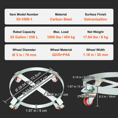 55 Gallon Heavy Duty Drum Dolly, 1000lbs Load Capacity, Barrel Dolly Cart Drum Caddy, Non Tipping Hand Truck Capacity Dollies with Steel Frame 4 Swivel Caster Wheels, for Warehouse Drum Handling