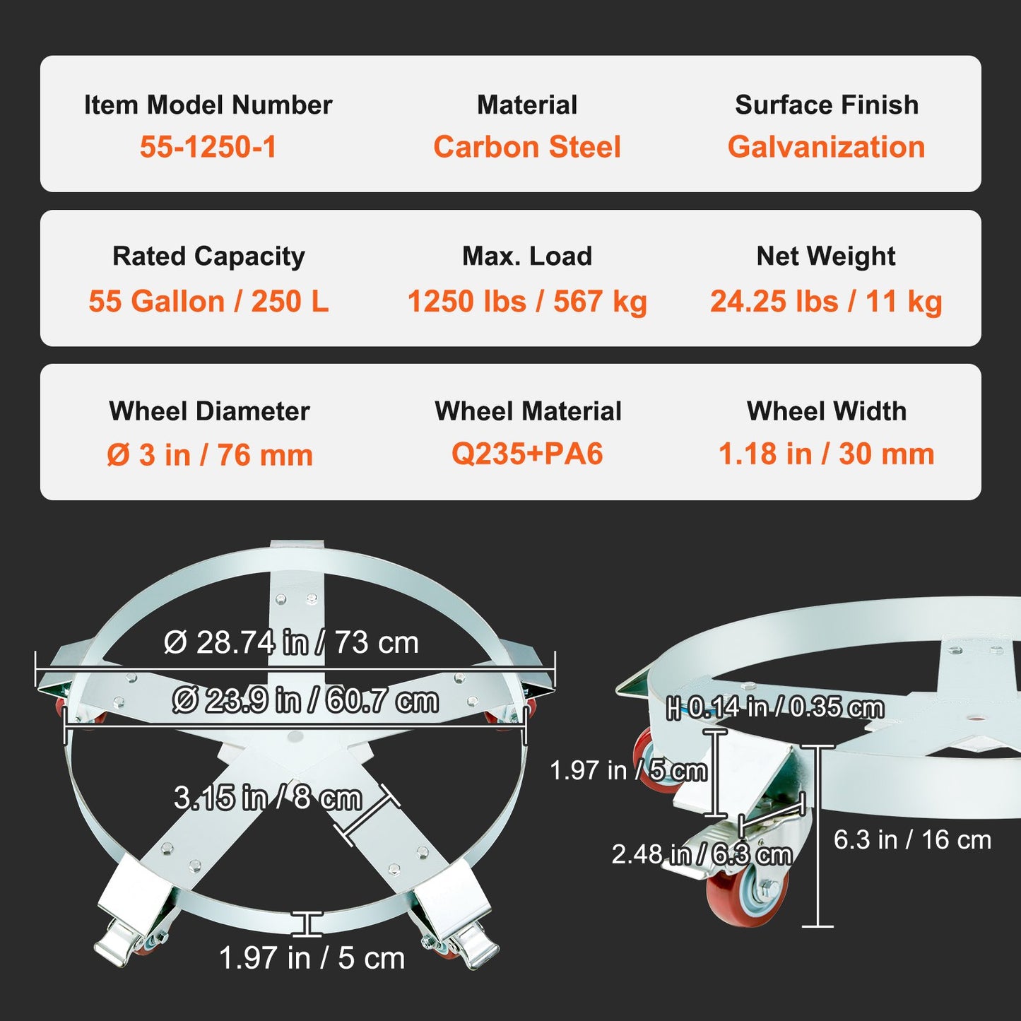 55 Gallon Heavy Duty Drum Dolly, 1250lbs lastkapacitet, Barrel Dolly Cart Drum Caddy, Non Tipping Hand Truck Kapacitet Dollies med stålram 5 svängbara hjul hjul, för lagertrumhantering