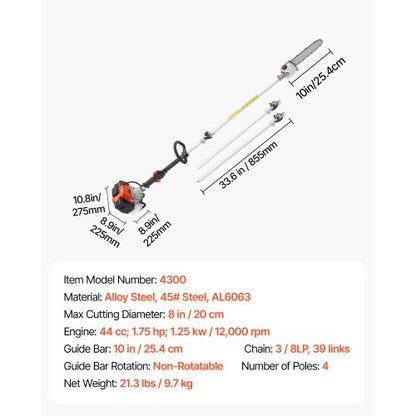 Petrol Pole Saw 43CC 2-Stroke Cordless Tree Trimmer 10" Bar | EU