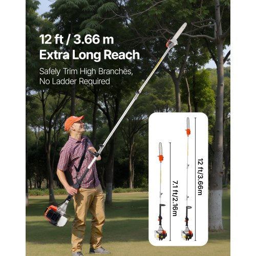 Petrol pole saw rotatable head 43cc 2-stroke tree trimmer 12 inch cutting bar | EU