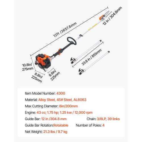 Petrol pole saw rotatable head 43cc 2-stroke tree trimmer 12 inch cutting bar | EU