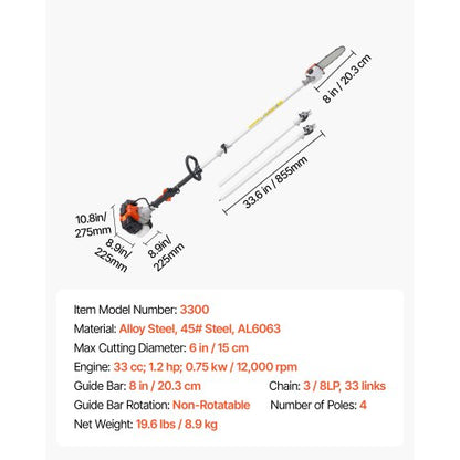 Petrol Pole Saw 33CC 2-Stroke Cordless Tree Trimmer 8" Bar | EU