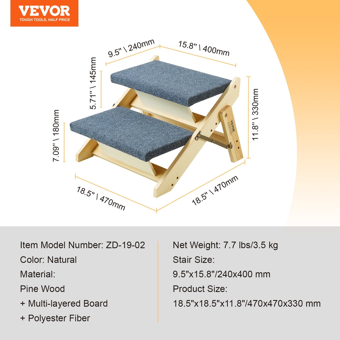 Haustiertreppe aus Holz mit 2 Stufen, 2-in-1, faltbare Hundetreppe, 110 lbs
