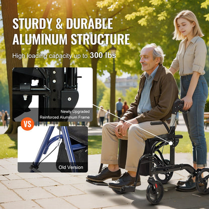 2 i 1 Rollator Walker & Transportstol för seniorer, hopfällbar Rolling Walker Rullstol Combo & Fotstöd, Lätt aluminium Mobility Walker med justerbart handtag, terränghjul, 136 kg