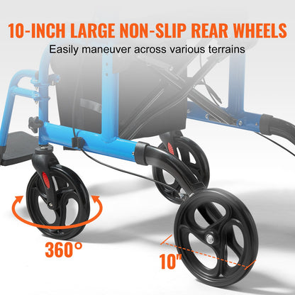 2 i 1 Rollator Walker & Transport Stol för seniorer, hopfällbar Rolling Walker Rullstol Combo & Fotstöd, Lätt aluminium Mobility Walker med justerbart handtag, terränghjul, 300 LBS