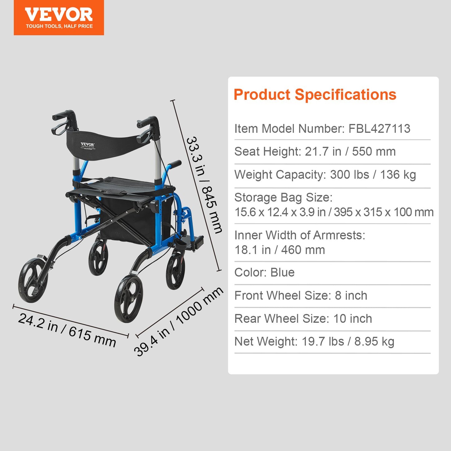 2 i 1 Rollator Walker & Transport Stol för seniorer, hopfällbar Rolling Walker Rullstol Combo & Fotstöd, Lätt aluminium Mobility Walker med justerbart handtag, terränghjul, 300 LBS
