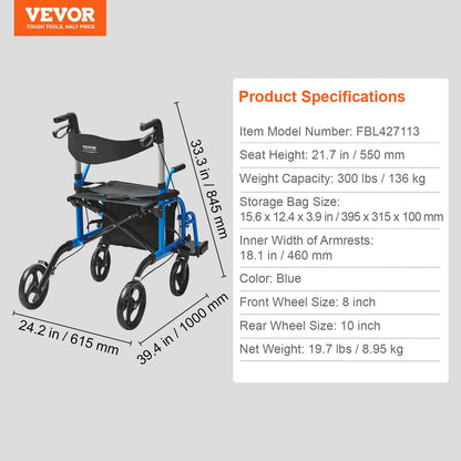 2 i 1 Rollator Walker & Transport Stol för seniorer, hopfällbar Rolling Walker Rullstol Combo & Fotstöd, Lätt aluminium Mobility Walker med justerbart handtag, terränghjul, 300 LBS