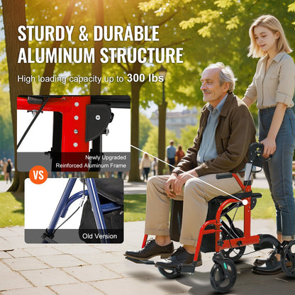 2 i 1 Rollator Walker & Transportstol för seniorer, hopfällbar Rolling Walker Rullstol Combo & Fotstöd, Lätt aluminium Mobility Walker med justerbart handtag, terränghjul, 136 kg
