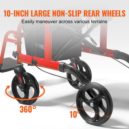 2 i 1 Rollator Walker & Transportstol för seniorer, hopfällbar Rolling Walker Rullstol Combo & Fotstöd, Lätt aluminium Mobility Walker med justerbart handtag, terränghjul, 136 kg