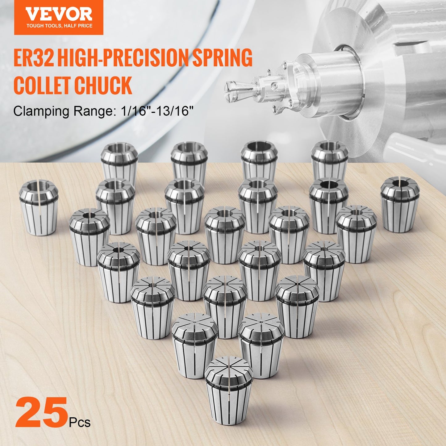 25pcs ER32 Collet Set, 1/16''-13/16'', ER32 Spring Collet Chuck Set, 0.0006"/15 μm TIR Lathe Chuck Tool with 25 Marked Storage Boxes, for CNC Engraving Machine Milling Lathe Tool Drill Press