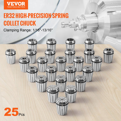 25pcs ER32 Collet Set, 1/16''-13/16'', ER32 Spring Collet Chuck Set, 0.0006"/15 μm TIR Lathe Chuck Tool with 25 Marked Storage Boxes, for CNC Engraving Machine Milling Lathe Tool Drill Press