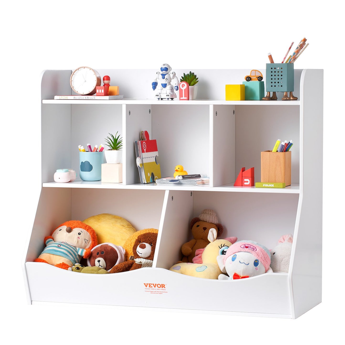 Wood Barnförvaring Cubby, Leksaksförvaringsorganisatör med bokhylla, 5-Cubby Wood Leksaksförvaringsskåp, Bokleksakshylla för barn för barnrum, Lekrum, Dagis, Barnkammare, Vit