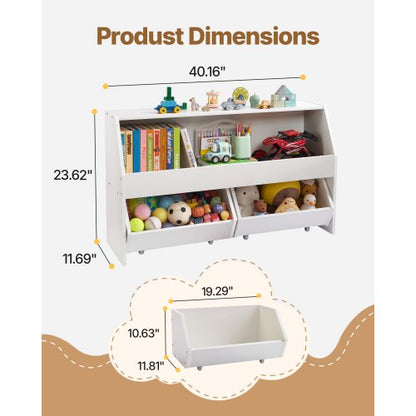 Leksaksförvaring, Träbokhylla för barn med förvaring, Leksaksskåp med 2 mobila lådor, Förvaringsorganisatör för barnrum, barnrum, vardagsrum, entré, förskola, vit |  EU
