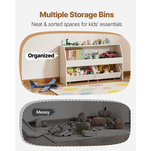 Leksaksförvaring, Träbokhylla för barn med förvaring, Leksaksskåp med 2 mobila lådor, Förvaringsorganisatör för barnrum, barnrum, vardagsrum, entré, förskola, vit |  EU
