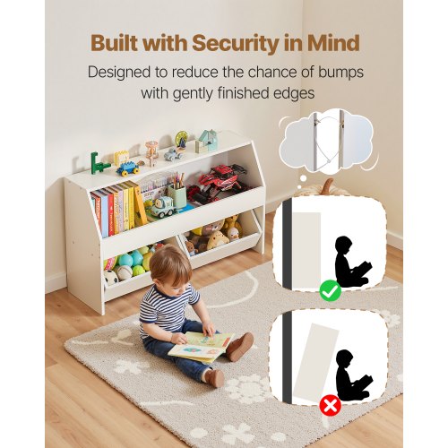 Leksaksförvaring, Träbokhylla för barn med förvaring, Leksaksskåp med 2 mobila lådor, Förvaringsorganisatör för barnrum, barnrum, vardagsrum, entré, förskola, vit |  EU