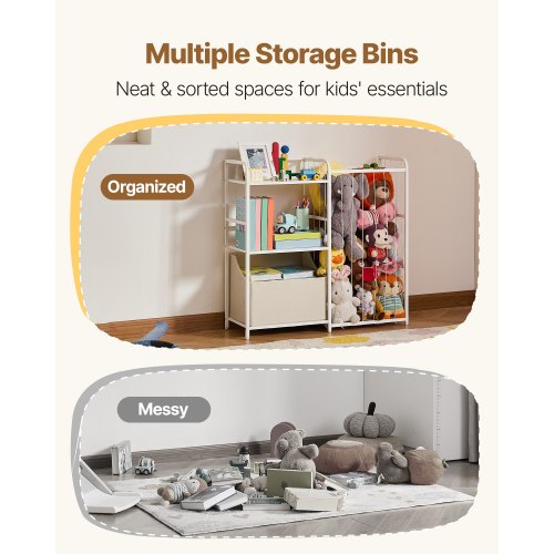 Barnbokhylla och Gosedjursförvaring, Leksaksorganisatör, Bokhylla i 2 nivåer med Tygleksakslåda, Leksaksförvaring för Barnrum, Vardagsrum, Hall, Förskola, Vit |  EU
