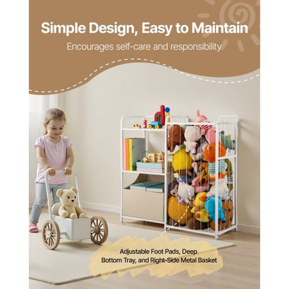 Barnbokhylla och Gosedjursförvaring, Leksaksorganisatör, Bokhylla i 2 nivåer med Tygleksakslåda, Leksaksförvaring för Barnrum, Vardagsrum, Hall, Förskola, Vit |  EU