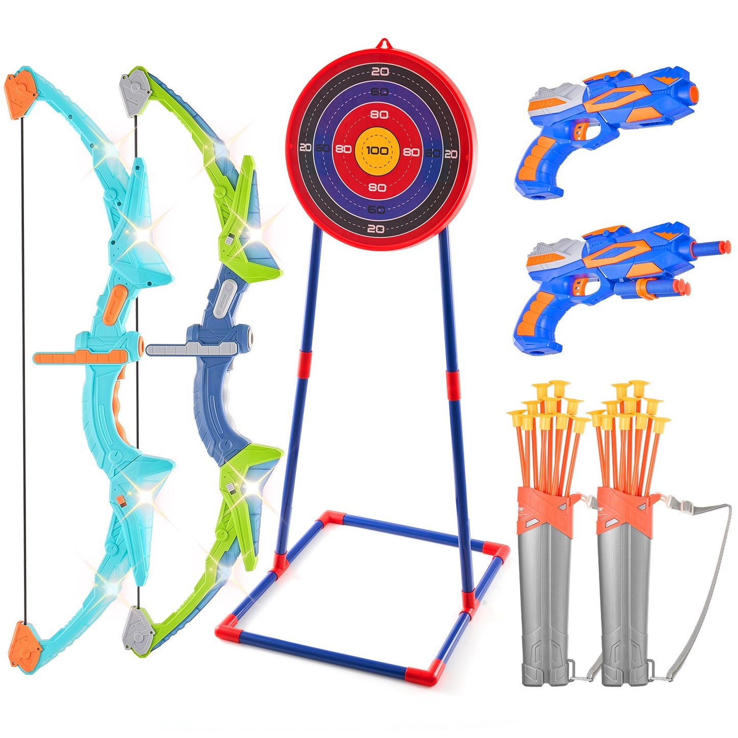 Kids Archery Set LED Light Up Archery Kit 2 Pack 20 Arrows 2 Guns
