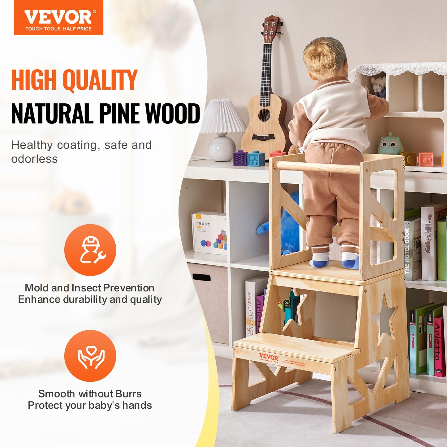 Toddler Step Stool for Kids, Natural Pine Kitchen Stool for Toddlers with Safety Rail, 150 LBS Load Capacity Standing Tower Learning Stool for Bedroom Bathroom Kitchen Counter