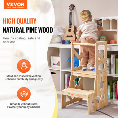 Toddler Step Stool for Kids, Natural Pine Kitchen Stool for Toddlers with Safety Rail, 150 LBS Load Capacity Standing Tower Learning Stool for Bedroom Bathroom Kitchen Counter