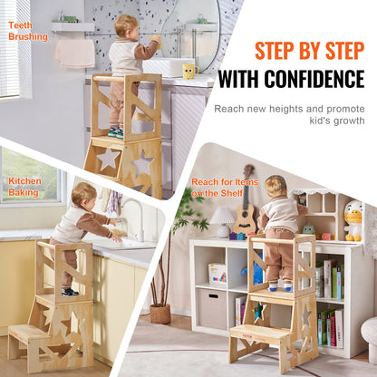 Toddler Step Stool for Kids, Natural Pine Kitchen Stool for Toddlers with Safety Rail, 150 LBS Load Capacity Standing Tower Learning Stool for Bedroom Bathroom Kitchen Counter