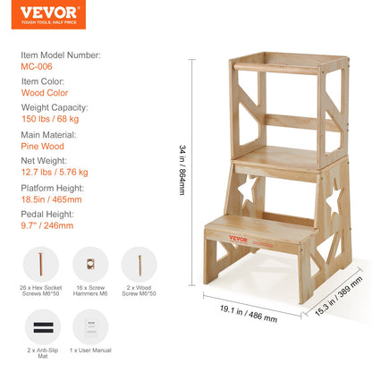 Toddler Step Stool for Kids, Natural Pine Kitchen Stool for Toddlers with Safety Rail, 150 LBS Load Capacity Standing Tower Learning Stool for Bedroom Bathroom Kitchen Counter