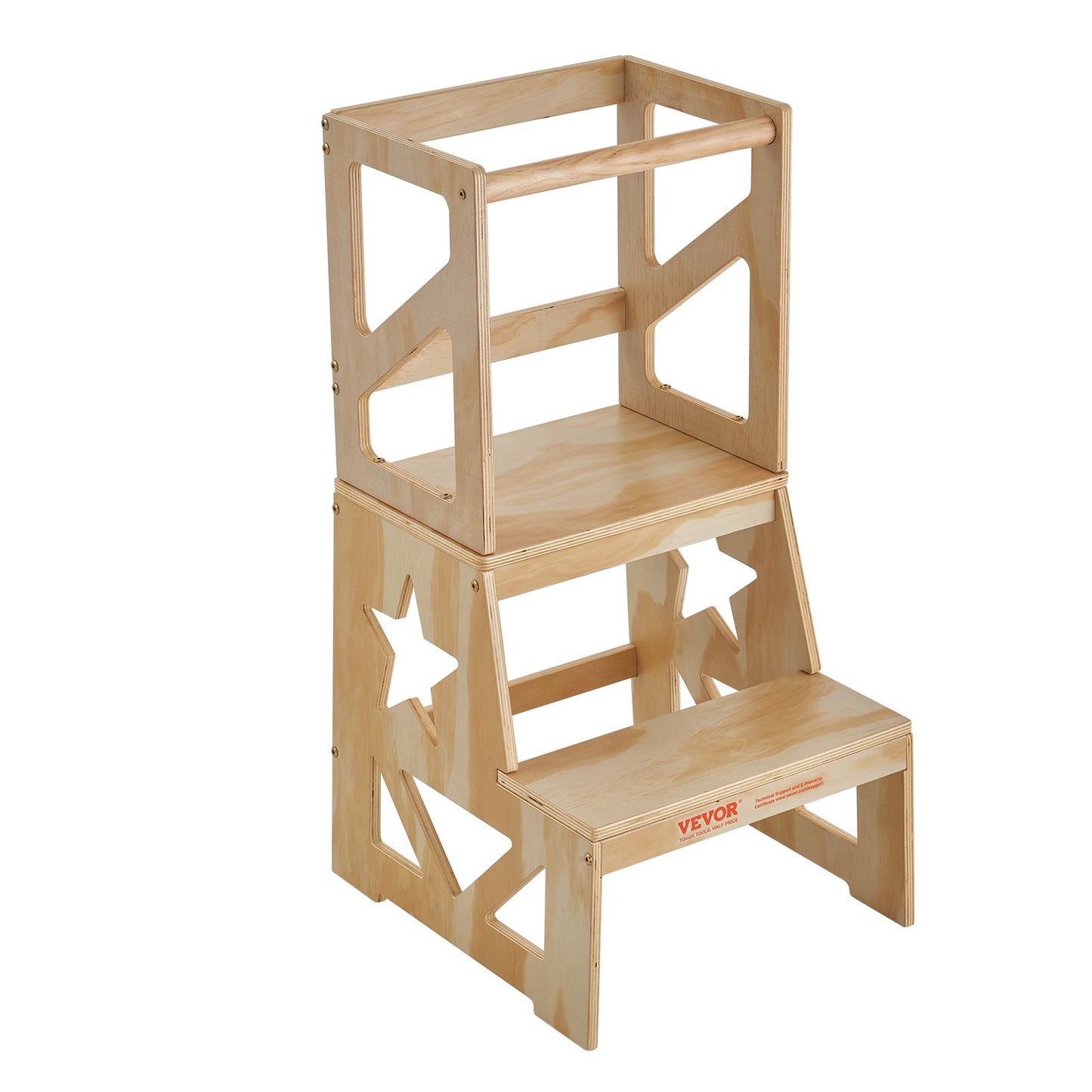 Toddler Step Stool for Kids, Natural Pine Kitchen Stool for Toddlers with Safety Rail, 150 LBS Load Capacity Standing Tower Learning Stool for Bedroom Bathroom Kitchen Counter