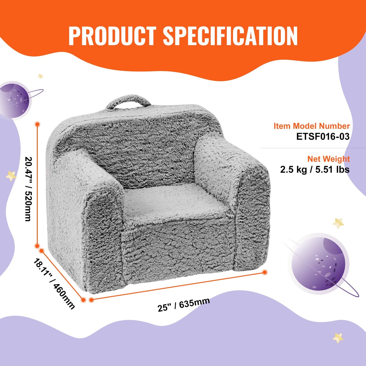 Children's armchair, children's sofa with 25D high-density sponge, comfortable soft children's chair, sherpa fabric reading sofa for bedroom and playroom