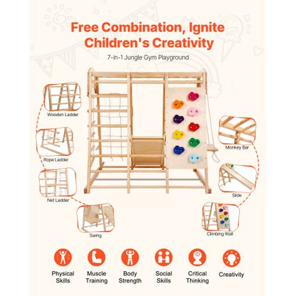 Klängamp inomhus, 7-i-1 inomhuslekplats för småbarn, 109 x 120 x 119,5 cm, med trä- och repstege, nätstege, gunga, klätterställning, rutschkana, klättervägg, träleksaker för inomhusklättring |  EU
