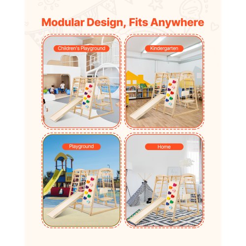 Klängamp inomhus, 7-i-1 inomhuslekplats för småbarn, 109 x 120 x 119,5 cm, med trä- och repstege, nätstege, gunga, klätterställning, rutschkana, klättervägg, träleksaker för inomhusklättring |  EU