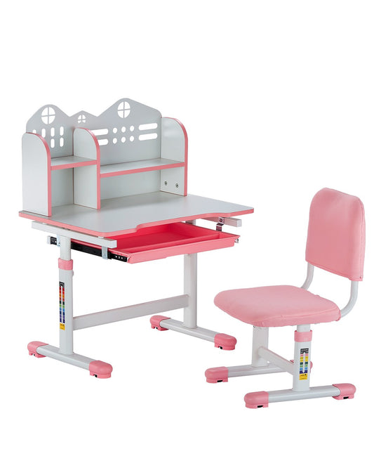 Kids Study Stol och Skrivbord med bokhylla & Låda Justerbar Höjd Rosa