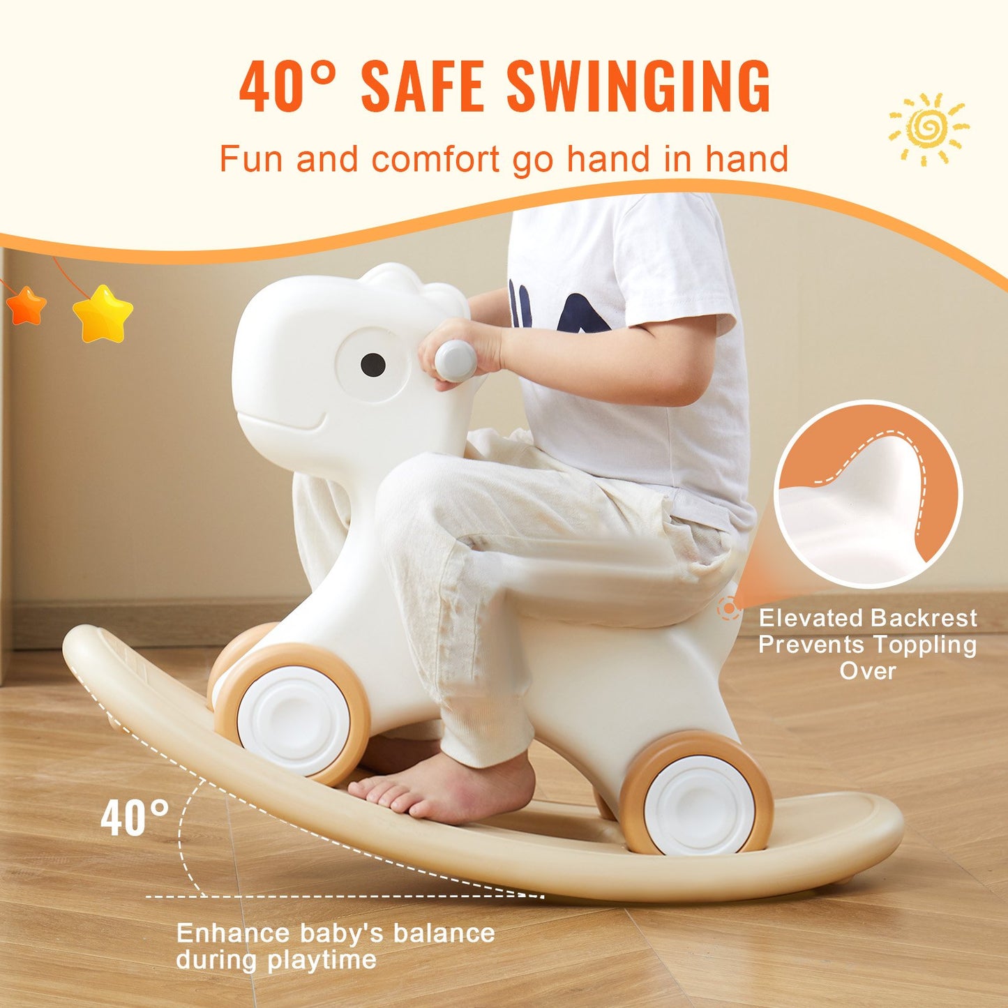 3-in-1-Schaukelpferd für Kleinkinder von 1–3 Jahren, Baby-Schaukelpferd mit abnehmbarem Balance-Board und 4 leichtgängigen Rädern, trägt bis zu 80 lbs HDPE-Material, Kinder-Rutschspielzeug, 40°-Schaukel, weiß