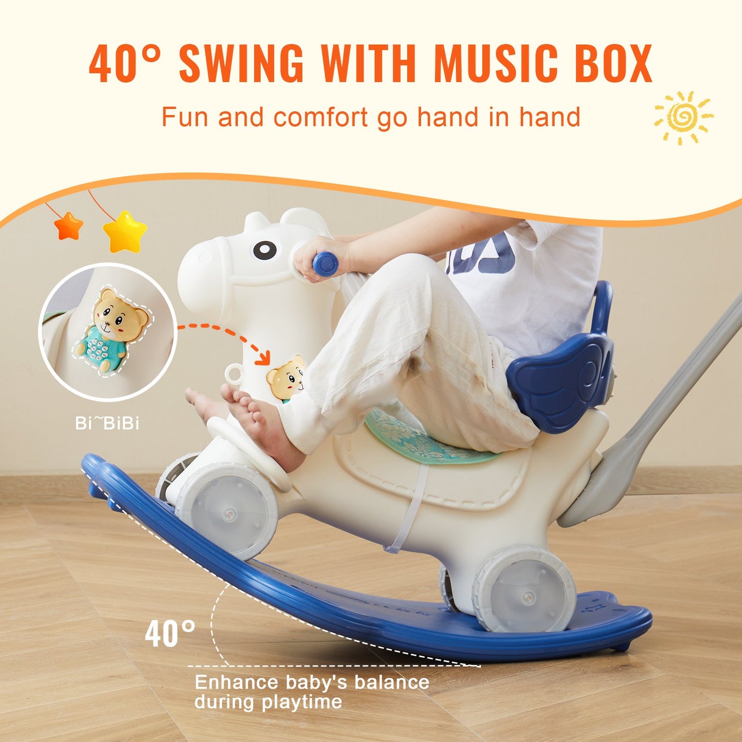 4-in-1-Schaukelpferd für Kleinkinder von 1–3 Jahren, Aufsitzspielzeug mit Sound, Blau