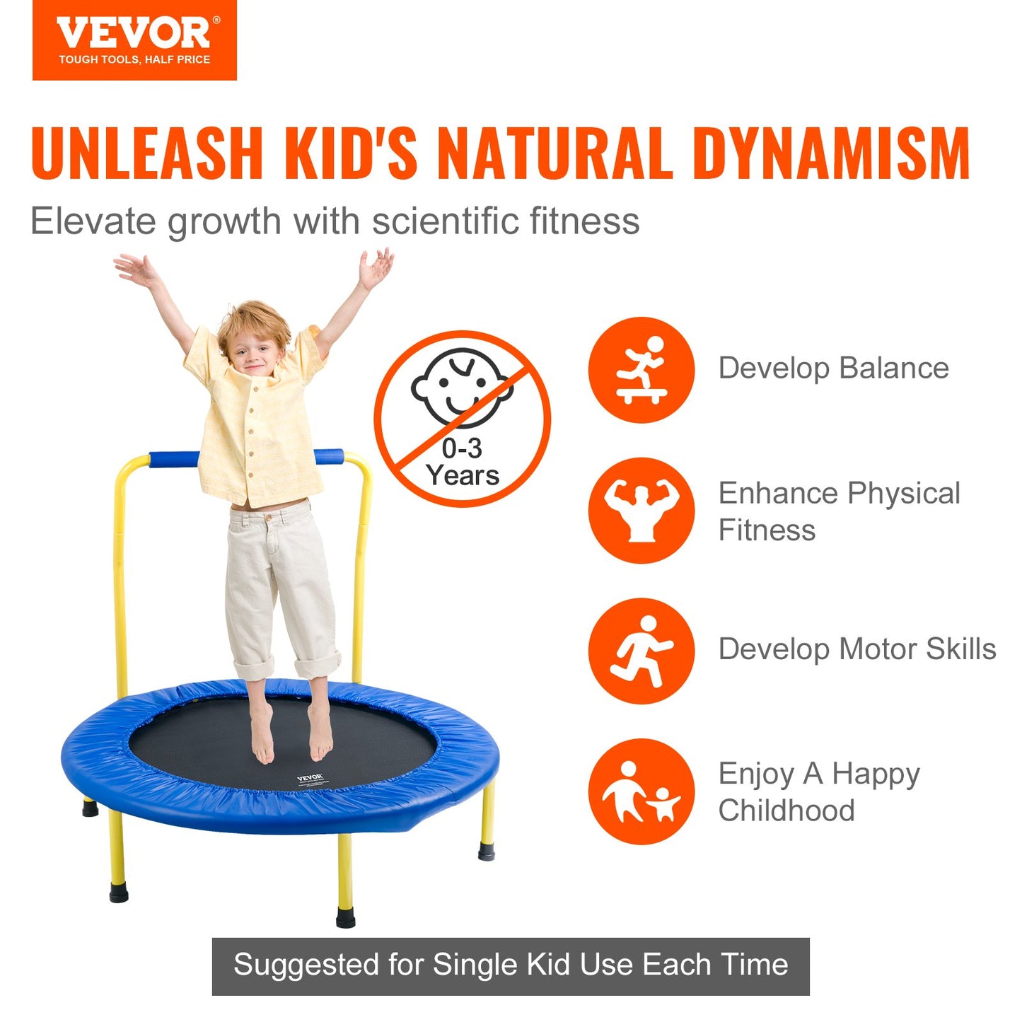 3FT Trampoline for Kids, 36" Indoor/Outdoor Trampoline for Toddlers, Foldable Mini Trampoline with Foam Handle, Birthday Gift for Leisure Trampoline for 3+ Years Old Kids