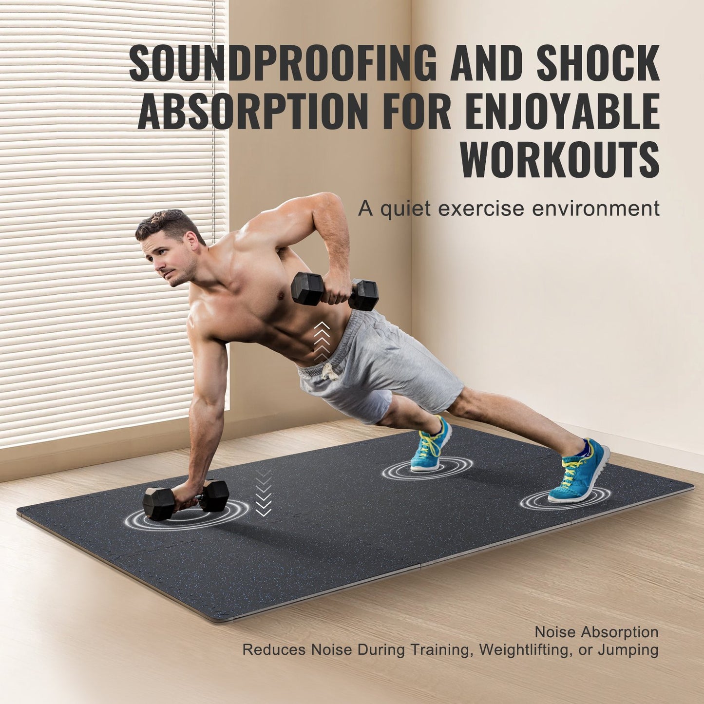 0.56" Thick Gym Floor Mats 12 Tiles Rubber Top with EVA Foam Black &amp; Blue