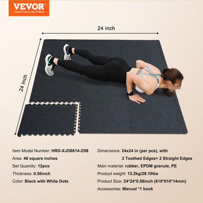 0.56" Thick Gym Floor Mats 12 Tiles Rubber Top with EVA Foam Black &amp; Blue