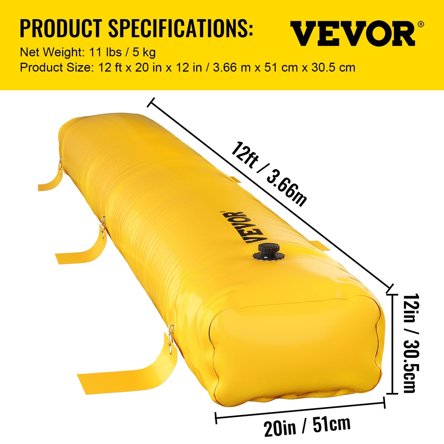 Hochwasserbarriere, 12 Fuß Länge x 12 Zoll Höhe, Sandsack-Alternative, Wasserbarriere gegen Überschwemmungen mit hervorragender wasserdichter Wirkung, wiederverwendbare PVC-Wasserabflussrohre, Hochwasserbarrieren für Haus, Tür, Garage