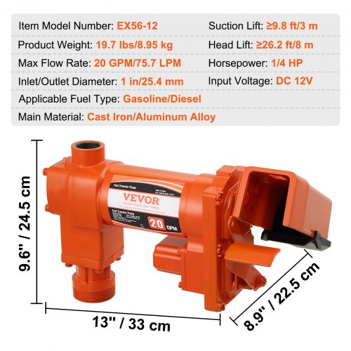 bränsleöverföringspump, 12V DC 20 GPM 1/4 hk, högflödes gjutjärnsbensinutsugspump med bränsleuppsamlingsboxdesign för bensin, diesel, fotogen, etanol- och metanolblandningar samt biodiesel |  EU