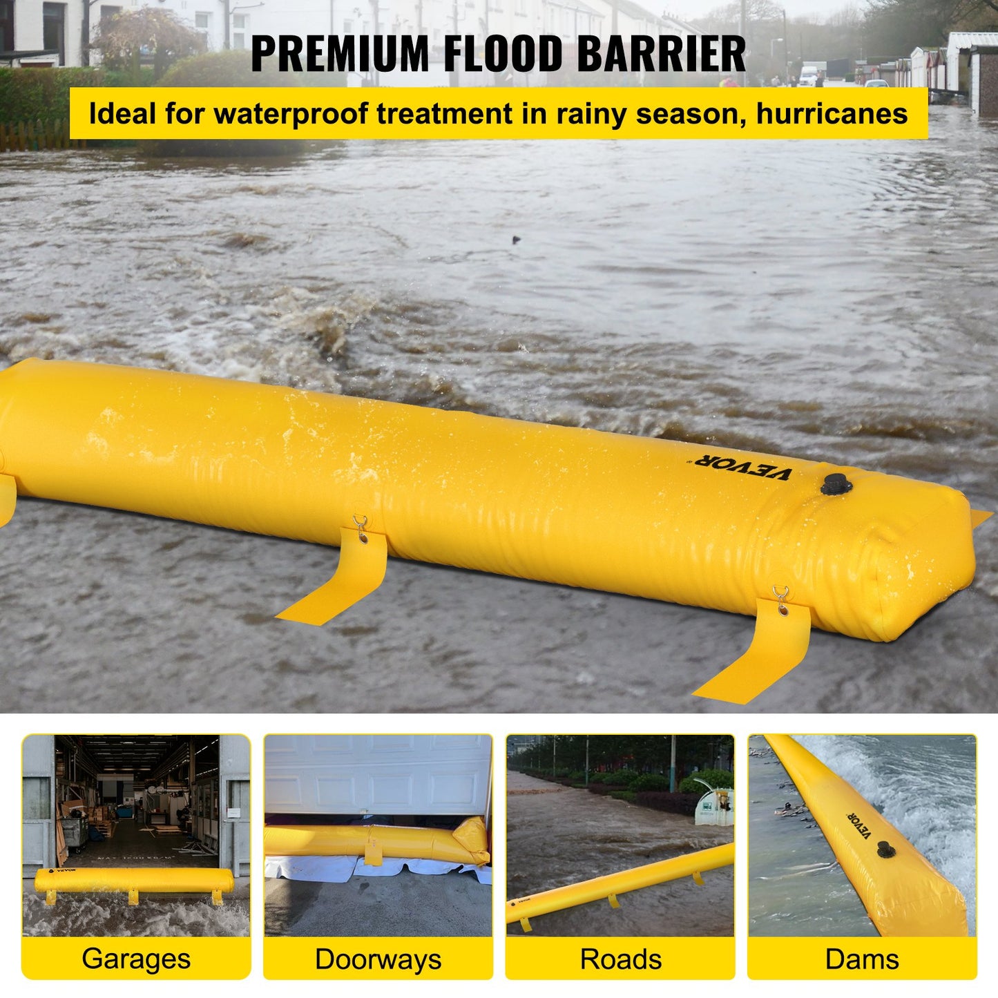 Flood Bag, 24 fot längd x 12 i höjd, återanvändbara PVC vattenavledningsrör, lätt med utmärkt vattentät effekt Används för dörröppningar, garage, gul
