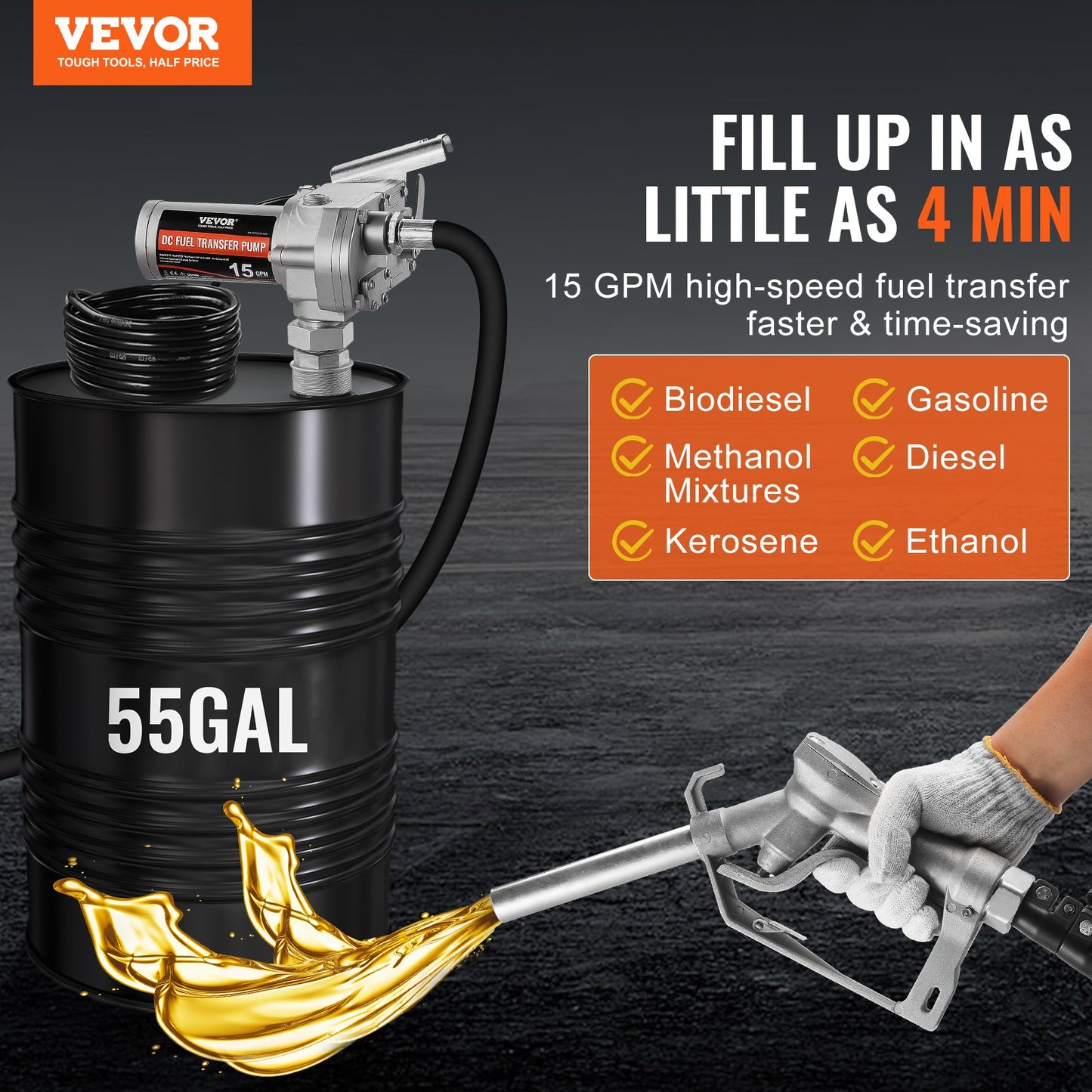 Bränsleöverföringspump 12V 15 GPM 1/5 HK dieselpump med automatiskt bränslemunstycke