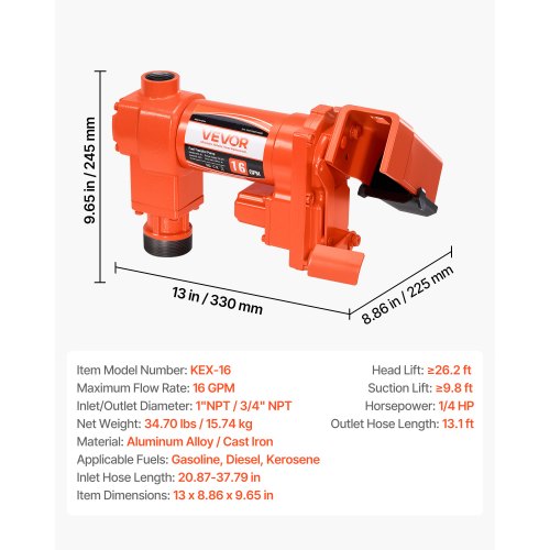 Bränsleöverföringspump, 61 l/min flödeshastighet, 1/4 hk 186 W hästkrafter, 12 V DC dieselöverföringspump med manuellt munstycke, utlopp och sugslang, för bensin, fotogen, etanolblandningar, metanol, biodiesel |  EU